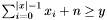 $\sum_{i=0}^{|x|-1}x_i+n \geq y$